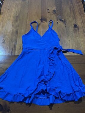 NWT Shekini Womens Blue Wrap Tie Ruffle Romper Dress One Piece Swimsuit Size Med